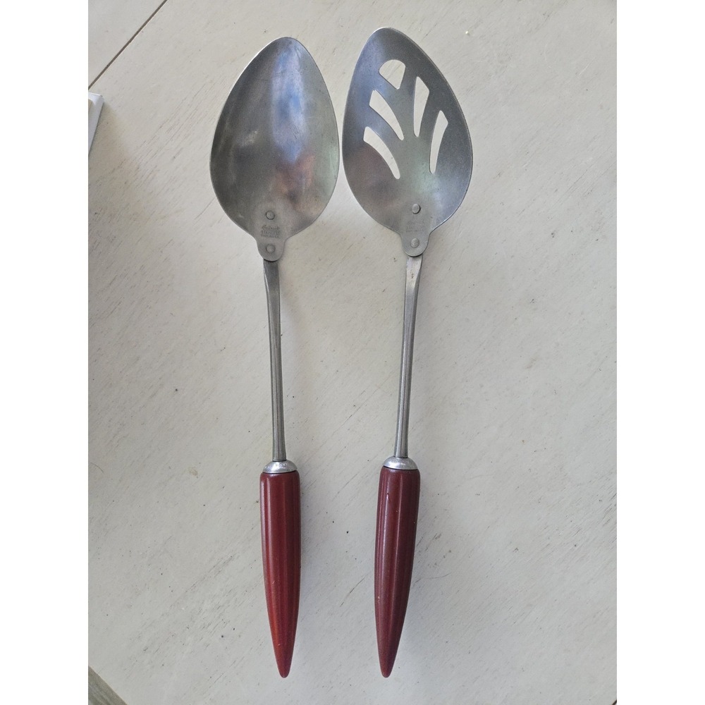 VTG ANDROCK SERVING Spoons Slotted UTENSIL RED BULLET BAKELITE Caitlin Handles
